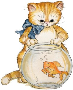 a kitty with fish bowl